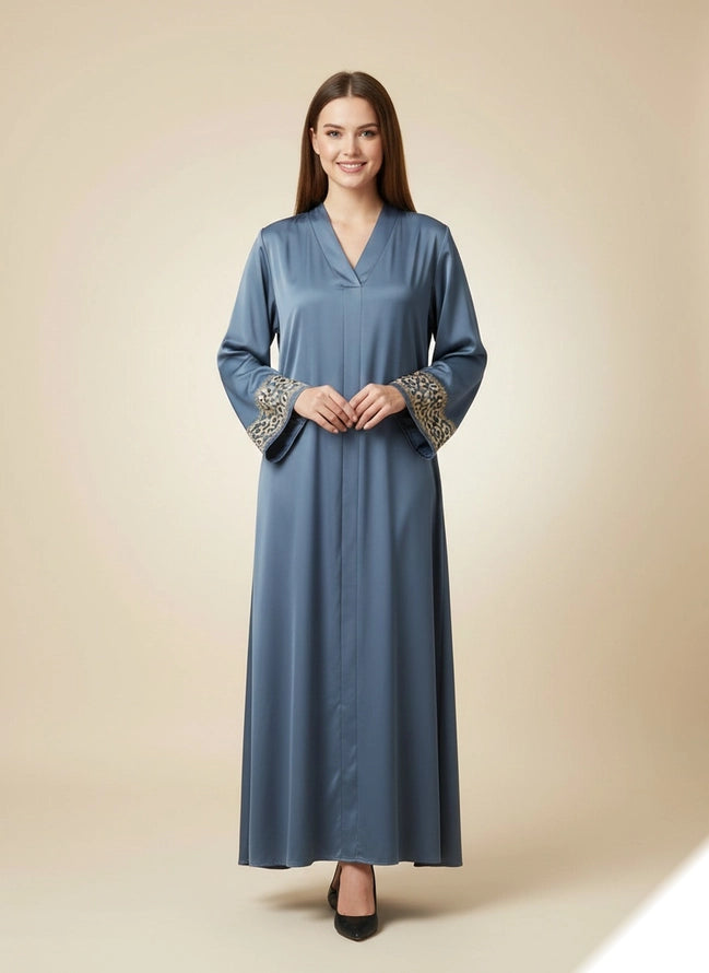 Vestido Largo Abaya De Tela De Seda Bordada Con Cinturón