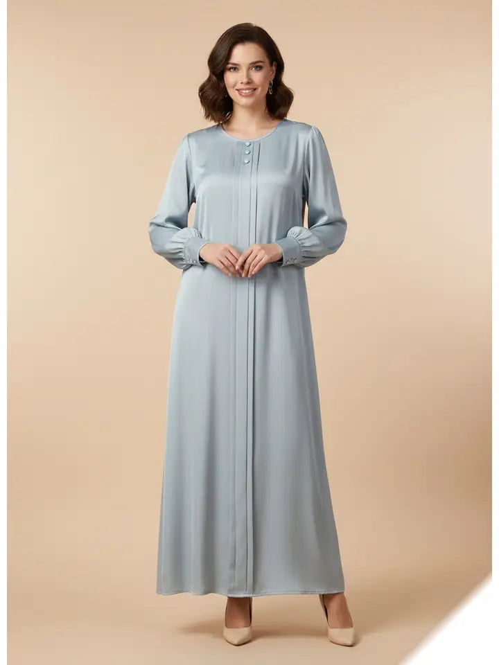 Vestido Largo Liso con Relieve y Pliegues Elegantes