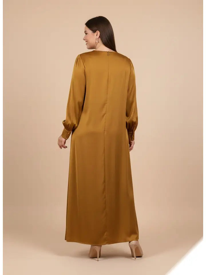Vestido Largo Liso con Relieve y Pliegues Elegantes