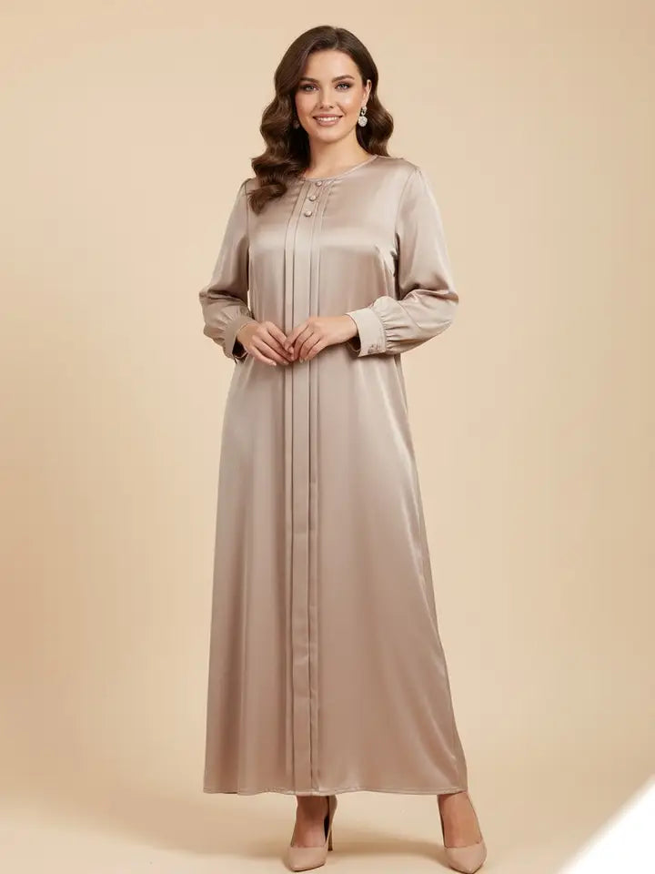 Vestido Largo Liso con Relieve y Pliegues Elegantes
