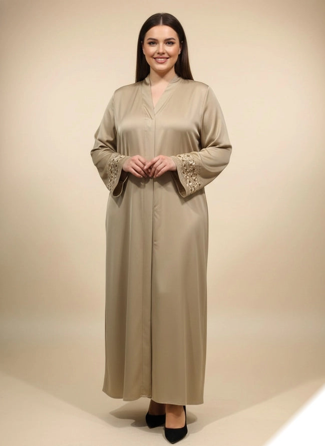 Vestido Largo Abaya De Tela De Seda Bordada Con Cinturón