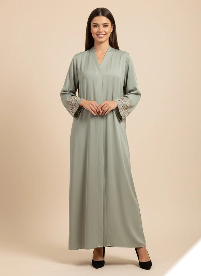 Vestido Largo Abaya De Tela De Seda Bordada Con Cinturón