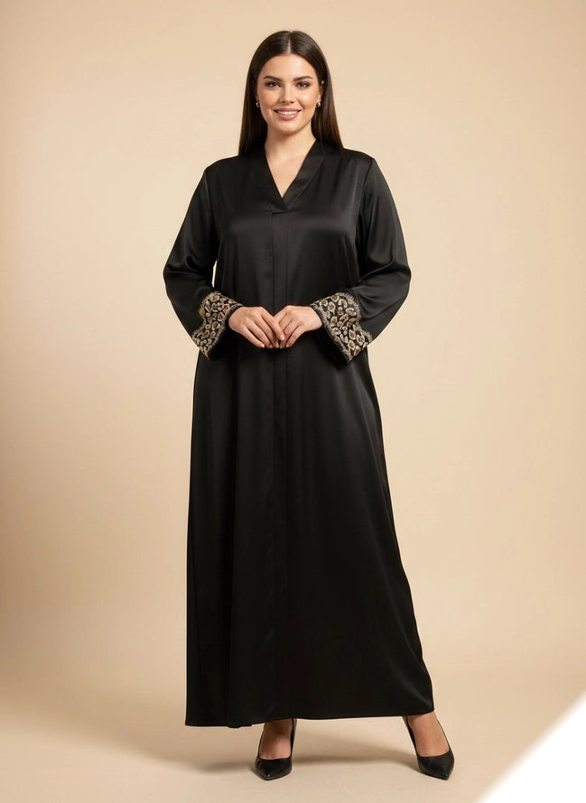 Vestido Largo Abaya De Tela De Seda Bordada Con Cinturón