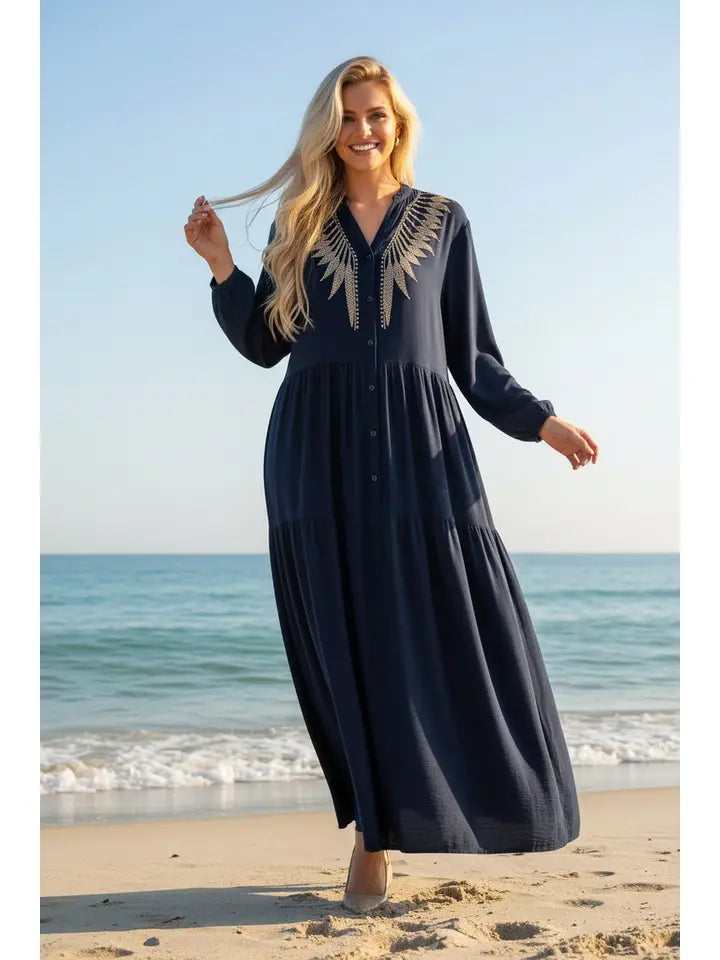 Floral Rhinestone Button Maxi Dress